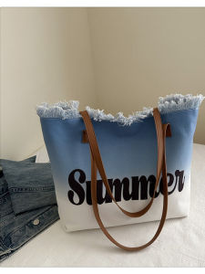 2025 New Large Capacity Tassel Beach Bag Womens Single Shoulder Tote Bag Handwoven Crossbody Bag Korean Style Canvas Material