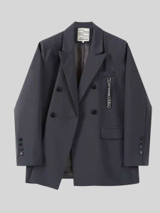 Chic Womens Suit Jacket for Spring/Autumn in Solid Color with Double-Breasted Buckle Collar and Long Sleeves Easy Matching Loose Type