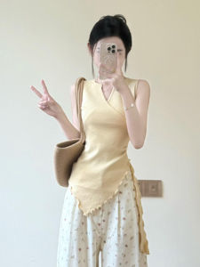 YUEZHONGWEI | Yellow V-neck Irregular Knitted Vest Women Summer Outerwear Waist-cinching Beltless Sleeveless Dopaamine Matching Top