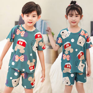 Childrens Summer Thin Ice Silk Short Sleeve Sleepwear Set Cartoon Panda Home Clothes for Boys And Girls Polyurethane Elastic Fiber