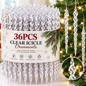 60Pcs Clear Crystal Icicle Christmas Ornaments Acrylic Ice Pendants for Xmas Tree Window Eaves Wedding Winter Party Holiday Decoration