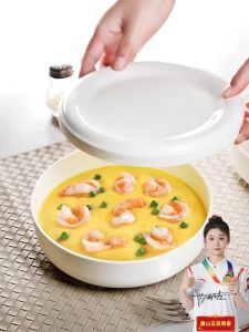 ชามเซรามิกสีขาวบริสุทธิ์พร้อมฝาปิดสำหรับใช้ในบ้าน ชามสำหรับต้มข้าว ชามซึมซับความชื้นขนาดใหญ่ ชามเซรามิกสำหรับต้มไข่เจียว