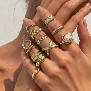 ชุดแหวนเปิดลายเรขาคณิตทันสมัยสำหรับผู้หญิง Ingemark 12 ชิ้น/ชุด แหวนปรับขนาดได้รูปหยดน้ำ เครื่องประดับนิ้วสไตล์วินเทจ แฟชั่นสำหรับใช้ในชีวิตประจำวัน