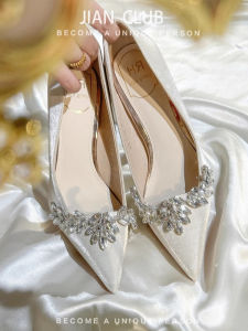 Silk Satin Wedding Shoes High Heels Engagement Ring Two-Way Wear Rhinestone Bridal Custom-Made Low Heel Pointed Toe Rubber Sole