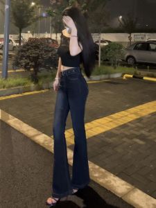 Quần Jeans Ống Thẳng Màu Xanh Đậm Retro Cạp Lows Co Giãn Cho Nữ Cao 175 Cm Quần Ống Loe Ôm Dáng Ôm Dáng