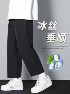 Mens Summer Thin Quick Dry Straight Leg Sports Pants Ice Silk Cool Feeling Casual Loose Long Trousers for Teenagers