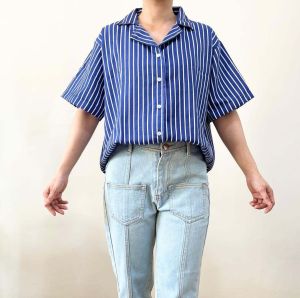 ECLAIRE 026 Kemeja Wanita Garis Stripe Salur Kerja Kasual Santai Korea Mode Casual 781 731 742 853