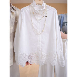 Elegant Lace Shirt Womens Autumn New Style Premium Lightweight Age-Defying Fashionable Wood-Edged Ladies Business Casual Loose Fit Long Sleeve Button-Up Pure Color