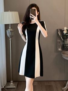 Elegant Black White Spliced Summer Dress Womens High Waist Slim Fit A-Line Skirt French Style round Neck Short Sleeve Dress
