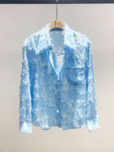 เสื้อเชิ้ตผู้ชายแขนยาวทรงหลวมสไตล์เกาหลีฤดูร้อน ผ้าตาข่ายปักลายบาง ไหล่เสริม ทรงหลวม ทรงหลวม ทรงหลวม