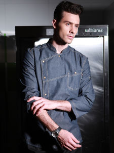 Mens Chef Workwear Long Sleeve Denim KitchenUniform Fall Winter Fashionable U-Neck Shirt Polyester Cotton Blend Workwear