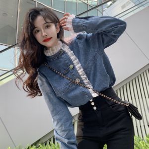 Design Sensation Womens Short Denim Shirt Lace Trimmed Slim Fit Outerwear Top round Neck Long Sleeve Button Detail Casual