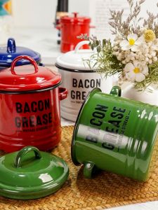 Enamel Pig Fat Jar Kitchen Dual Ear Small Stew Pot Retro Multi-functional Seasoning Storage Canister with Lid Food Grade