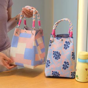 Korean Style Knitted Bucket Bag Versatile Handbag for Work Commuting Travel Casual Chic Magnetic Closure Floral Pattern