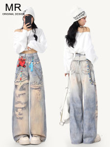 American Retro Printed Denim Pants Womens Loose Slimming Design Wide Leg Jeans Casual High Waist Tear Resistant Wear Proof