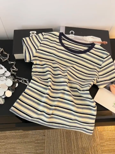 Striped Short Sleeve T‑Shirt Slim Fit Color Contrast Collar Casual Summer Top for Women