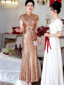 Elegant Young Mother Wedding Dress Chinese Style Reformed Qipao High End Luxury Sensation mid Length Cheongsam round Collar
