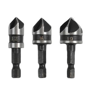 3PC Hexagonal Shank 90 Degree Black Five Blade Chamferer 12/16/19mm Countersink Drill Woodworking Hole Opener Tool Set