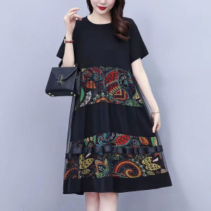plus Size Summer Womens Dress Korean Style Floral Print Splice Belly Covering A-Line Midi Dress Slimming Versatile Dress