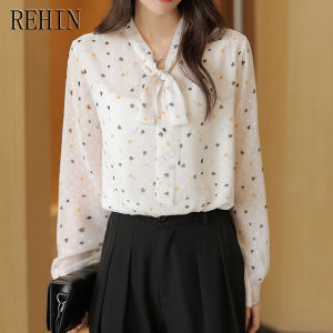 REHIN Floral chiffon long sleeve shirt new spring cover belly thin on bottoming shirt outside wear elegant women blouse