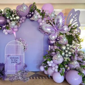 117pcs Macaron Purple Metallic Silver Balloons Garland Set Butterfly Foil Balloon for Birthday Party Decor