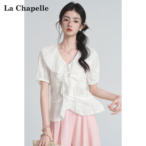 La Chapelle | Áo Kiểu Thun Dây Rút Slimming Cổ V Tay Ngắn Dải Xếp Ly Màu Trắng