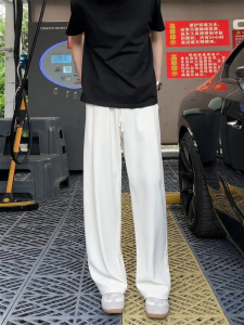 OUMULONG | White Thin Ice Silk Trousers High-end Feeling Draping Wide Leg