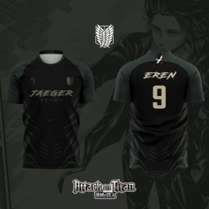 Bandai | 2026 Bandai Attack on Titan Anime EREN JAEGER NO.9 3D Print Football Jersey for Mens Tshirt Summer Sports Casual Tees Kids Y2K