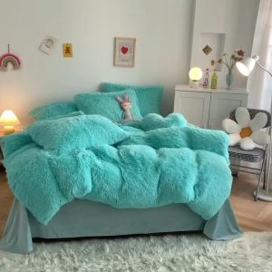 3Pcs Fluffy Black Plush Shaggy Duvet Cover +2Pcs Pillowcases Zipper Bedding set Soft Velvet