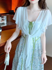 เสื้อคาร์ดิแกนแขนสั้นผ้าชีฟองกันแดดสำหรับผู้หญิงในช่วงฤดูร้อน เสื้อคลุมกันหนาวแบบบาง แขนพอง ผ้าไนลอน สีพื้น