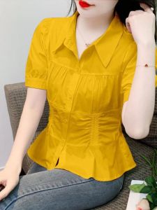 Stylish Pure Color Shirt Slimming Waist Beautiful Short Sleeve Sweet Youthful Tie Clip Summer Fashionable Clothing Accessory