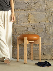 Pioneer Stool Genuine Leather White Basswood Stackable Dining Chair Shoe Changing Stool Nordic Style Wooden Frame Home Furniture