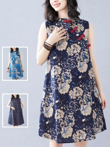 Ethnic Style Retro Flowers Print Cotton Linen Vest Dress Summer Contrast Color Buckle Mid Length Long Length Improved Cheongsam and Dress