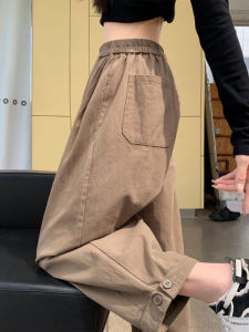 High Waist Thin Cotton Work Pants Womens Harlan Style Summer Loose Straight Leg Rolled Hem Dad Pants Korean Style Commute