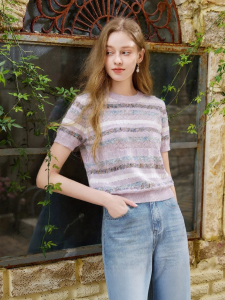 XIANGYING | Dopamine Stripes Loose Knit Short Sleeve Shirt