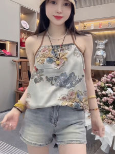 Áo Vest Dây Cổ Chữ V Mới Cho Nữ Mùa Hè 2025 Áo Thun in Hoa Thắt Eo Thanh Lịch Phong Cách Trung Hoa Áo Thun Dây Cổ Chữ V