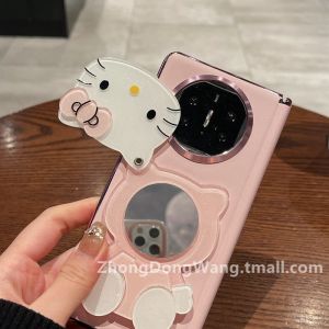 Pink KT Cat Mirror Huawei MateX5 X3 Foldable Screen Phone Case Anti-Fall Middle Axis Protection Leather Shell Collectible Edition