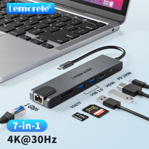 Lemorele TC25 USB C hub 7-in-1 USB C aluminum housing multi-port adapter with RJ45100W PD 4K HDMI 2 USB 3.0 ports SD/TF card reader for MacBook iPad PS4 and other Class C devices
