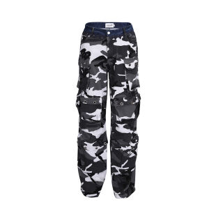 From Street Black and White Camouflage Denim Patchwork Waist Multi-Pocket Shells Pants Cargo Pants Cargo Pants Men