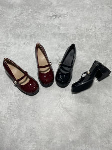 Red Pearl Buckle High Heels Mary Janes Womens Shoes Spring 2025 Fashion Thick Heel Genuine Leather round Toe Rubber Outsole