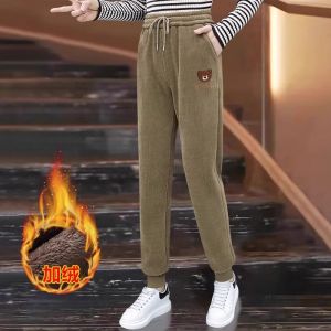 Bear Corduroy Track Sweatpants Womens Autumn and Winter Fleece-lined Thickened Ladieswear Womens Pants Slim Looking Tappered Harem Pants