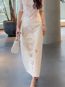 New Chinese Style Heavy Embroidery Hollow Design Half Skirt Women Summer Elegant Atmosphere Niche Long Skirt plus Size