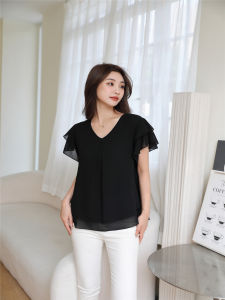 Summer New plus Size Womens Fashion V-Neck Short Sleeve Viscose Blouse Loose Base Shirt Lace Trim Flounce Hem Regular Length