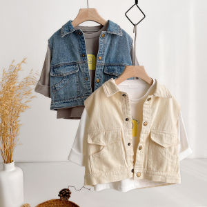 Cotton Denim Vest for Children Boys And Girls Collared Cardigan Style Spring Autumn Cotton Pure Color Casual Fashion Vest