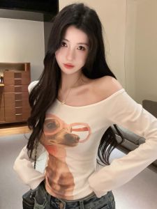 GUZILIAN | American Style Short Sleeve Slim Fit T-Shirt Dog Print Casual Commute Fashion Autumn New Design Shoulder Design Streetwear