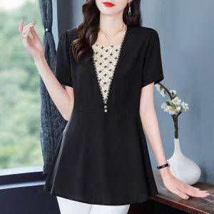 เสื้อยืดผู้หญิงแขนสั้นผ้าชีฟองทรงหลวม คลุมหน้าท้อง ไซส์ใหญ่ ฤดูร้อน 2025 เสื้อเชิ้ตผู้หญิงแขนยาวแบบสวมหัว