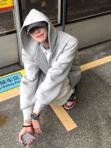 Thickened Fleece Hooded Zipper Mens Sweatshirt Oversize Open Cardigan Jacket Youth Trendy Pure Color Autumn Winter New Arrival