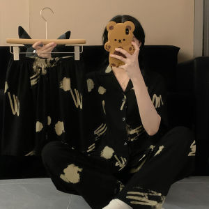 Couples Grey Cotton Sleepwear Short Sleeve Three-Piece Set Womens Home Clothes Comfortable Breathable Summer Pajamas