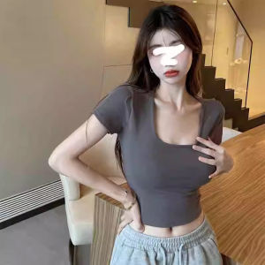 Áo thun nữ LUOFEN tay ngắn ôm vừa vặn cổ vuông