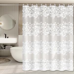 1pc White Flower Shower Curtain With Plastic Hooks Waterproof Bath Curtain Bathroom Curtain Bathtub Accessories Bath Decor